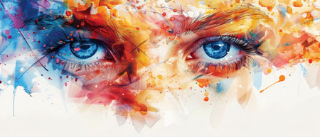 Minimalist portraits showcase abstract patterns, vibrant colors, geometric shapes, and digital watercolor texture.の素材