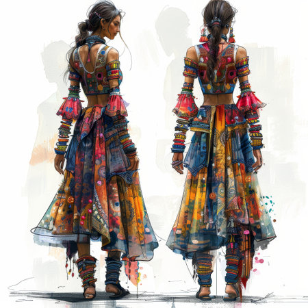 Fashion sketches mix modern designs with ethnic patterns in vivid colors, creating a vibrant fusion.の素材