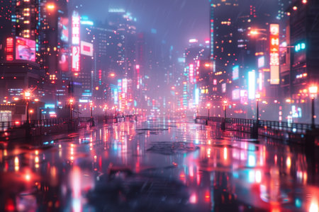 Neon cityscapes fuse retro futurism and cyberpunk in futuristic urban settings.の素材