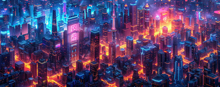 Isometric buildings in a vibrant cityscape, illustrating dynamic urban life with futuristic elements.の素材