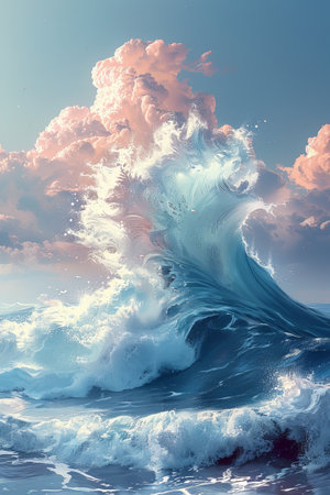 Minimalist design captures the serene beauty of marine life through illustrated ocean waves.の素材
