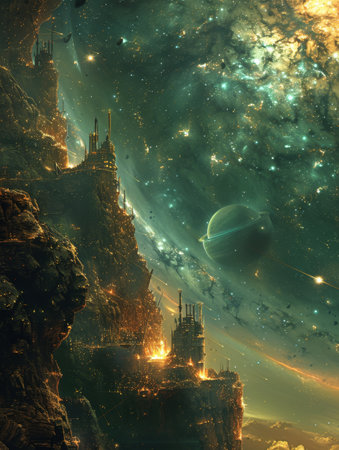 Detailed spaceships explore alien landscapes amid celestial bodies in science fiction space scenes.の素材