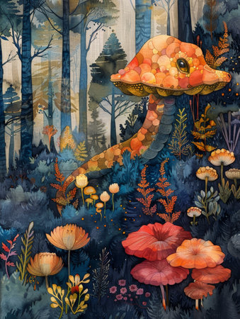 Magical forests depicted in watercolor textures, showcasing fantasy creatures and whimsical botanical motifs.の素材