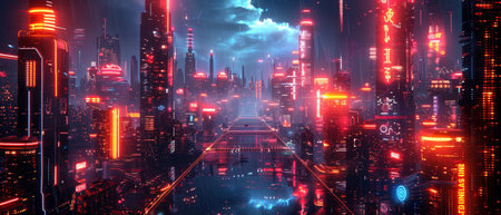 Vivid neon cityscapes with cyberpunk elements and abstract patterns create futuristic urban scenes.の素材