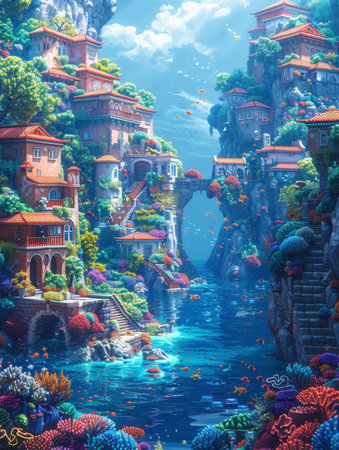 Pixel art shows undersea beauty with marine life and secrets.の素材