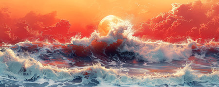 Illustrated ocean waves show surreal environments and vibrant colors in a minimalist style.の素材