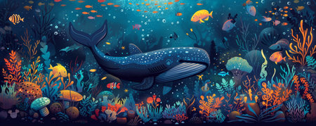 Explore an enchanting undersea realm with marine life, magical forests, and mystical symbols.の素材