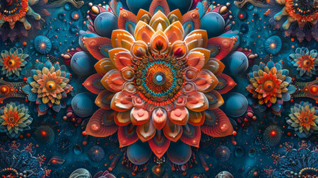 Surreal digital mandalas create a meditative impact with vibrant hues and detailed designs.の素材