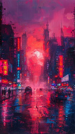 Create futuristic urban art with vintage maps, cultural motifs, and vibrant neon signs in cyberpunk city sketches.の素材