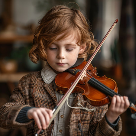 A child in a music room, learning violin with family support, focuses on cultural continuation through practice.の素材