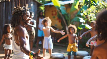 An Afro-Brazilian capoeira instructor is teaching kids dynamic movement, fostering cultural exchange in an outdoor setting.の素材