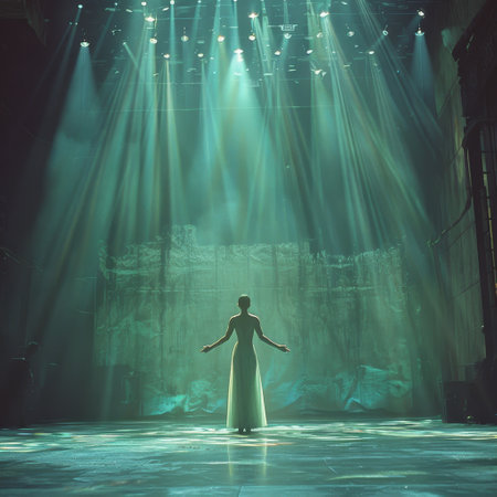 An Asian ballet dancer gracefully rehearses in a dimly lit empty theater, focused on perfection.の素材