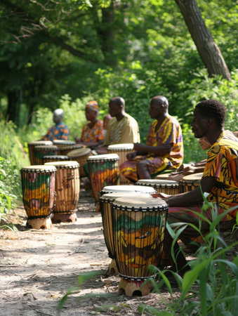 African drum circle celebrating community, rhythmic, outdoor gathering, cultural expression.の素材