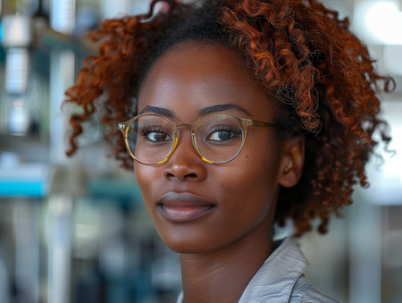Focused expression in lab, a female scientist of color conducts climate change research.の素材