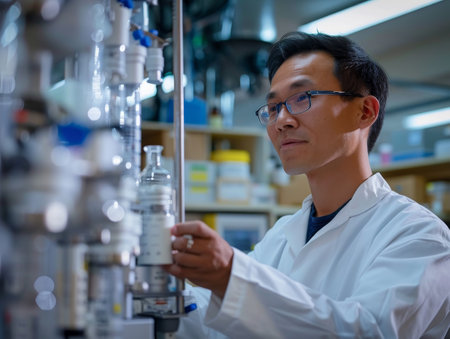 Asian scientist discovering a breakthrough in renewable energy, lab excitement, innovationの素材