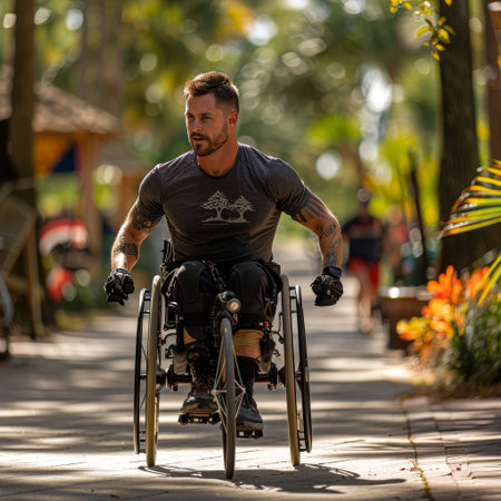 A resilient disabled veteran engages in adaptive sports through an outdoor action shot.の素材