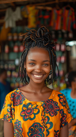 An African teenager is seen smiling as she finalizes her hairstyle at an open-air salon, surrounded by a vibrant community vibe.の素材