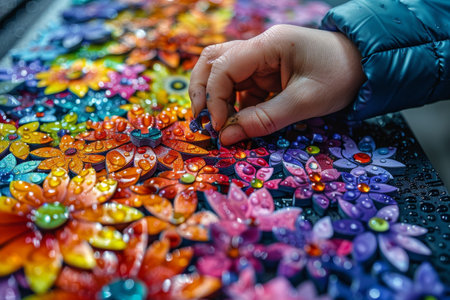 Focused on colorful pieces, the autistic child completed the intricate puzzle, achieving a rewarding moment.の素材