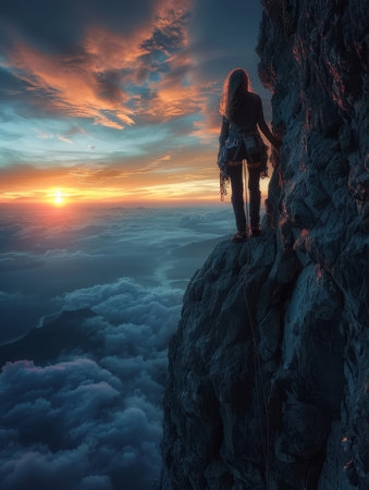 Female climber reaching the peak, empowerment, breathtaking view, triumph over adversity.の素材