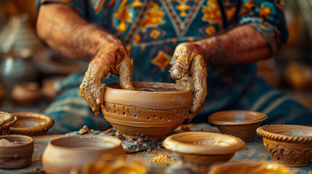 Indigenous potter crafting with traditional methods, earthy tones, hands shaping clay, cultural preservation.の素材