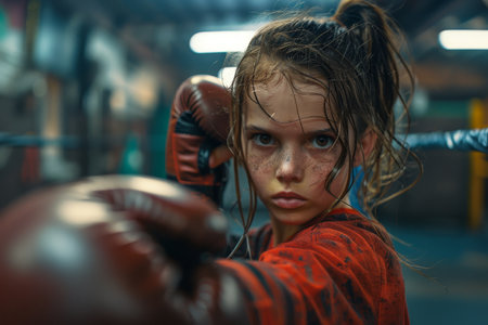 A girl is training in boxing with her brother, showcasing determination and strength in an indoor setting.の素材