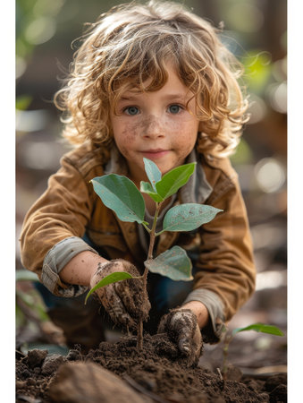 A child with hopeful eyes plants a tree, hands in soil, surrounded by a green environment.の素材