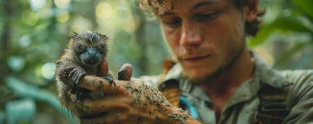 Biologist saving endangered species, conducting fieldwork, holding a rare animal, promoting conservation efforts.の素材