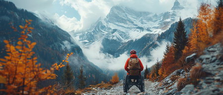 Adventuring the mountain trail, a disabled handcyclist overcomes challenges amidst breathtaking nature.の素材