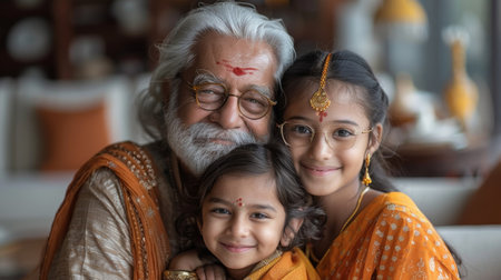 Indian grandparents embrace grandchildren in traditional attire after a festive Mumbai dinner at home.の素材
