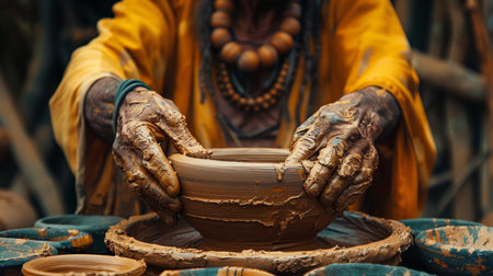 Crafting with traditional methods, hands shaping clay, preserving culture with earthy tones Indigenous potter's legacy.の素材