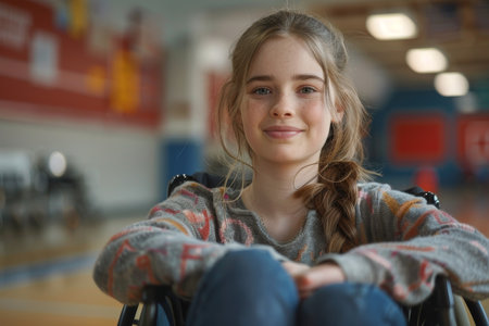 Teen girl, in a wheelchair, proudly innovates at school gymnasium after winning robotics competition.の素材