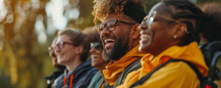 Friends with diverse abilities share laughs at an inclusive park designed for accessibility.の素材