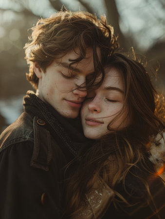 Spontaneous embrace between two people, authentic interactions filled with unadulterated joy, natural lightの素材