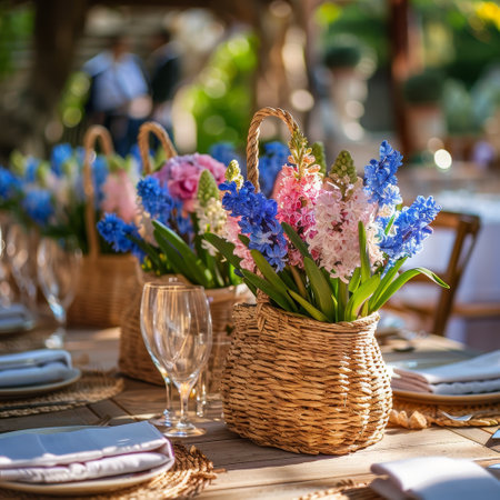 A straw bag rests on lush green grass, adorned with hyacinth and carnation blossoms under natural light on a fresh spring dayの素材