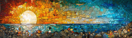 Wallpaper depicting an underwater scene transitioning into stained glass art, against a desert landscape lit by northern lightsの素材