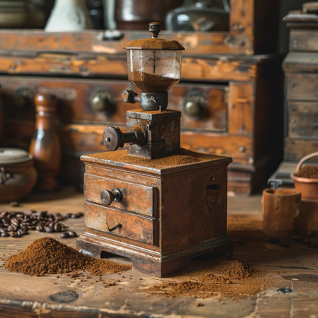 Vintage coffee grinder focuses on grinding process with freshly ground coffee against a rustic backgroundの素材