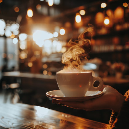 Hand holding a steaming coffee cup, blurred coffee shop scene in the morning light, cozy and invitingの素材