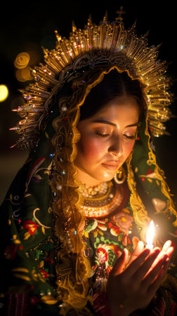 Faith healing ceremony in Mexico City combines candlelight, Virgin Mary's image, and a blend of indigenous and Catholic traditionsの素材