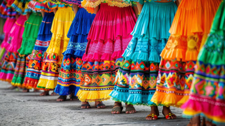 Traditional Mexican dancers showcase vibrant costumes at Basilica square, Mexico City during a religious festival celebrating cultural heritageの素材