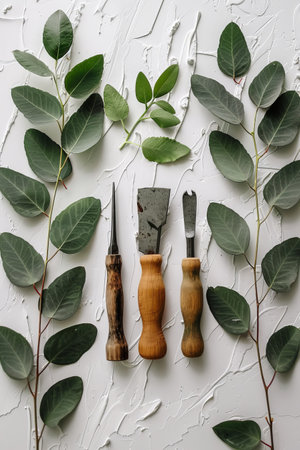 Sustainable tools on a white background, eco-conscious workshop items, sharp and clear.の素材
