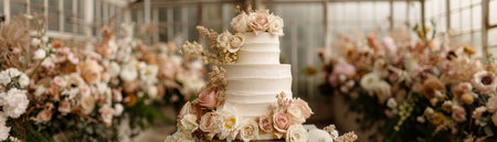 A luxurious, garden themed cake adorned with lush edible florals and gold leaf, placed in a blooming outdoor garden wedding venue.の素材