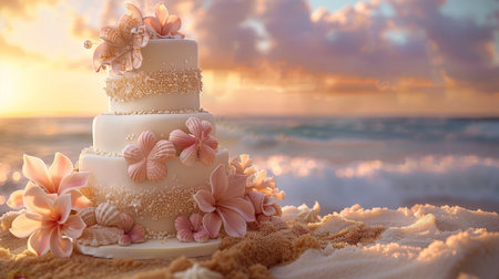 A whimsical cake featured hand painted seashells on a sand like fondant base against a sunset ocean backdrop for a wedding.の素材