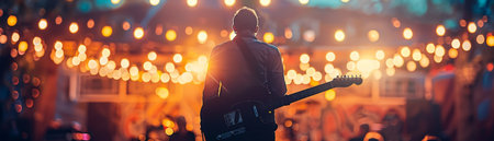 Passion and creativity shine as a guitarist performs on an intimate stage with a softly lit audienceの素材