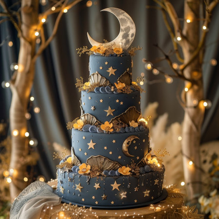 A magical evening setting with a starry night themed cake adorned in deep blue fondant, edible stars, and a moon phase topper.の素材
