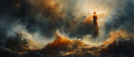 Dark clouds pressuring a seaside lighthouse, waves battering the coast, the beacon resilient flickerの素材
