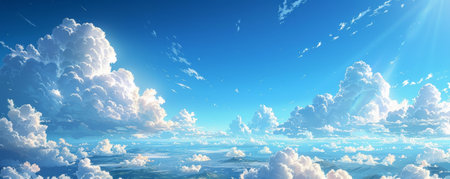 The vast natural setting with a majestic clear blue sky and peaceful fluffy clouds creates a refreshing serene backdrop on a bright sunny dayの素材