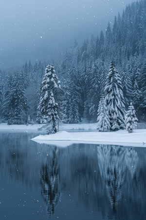 Snow flurries dance above the frozen lake, air carries a subtle touch, in serene isolationの写真素材