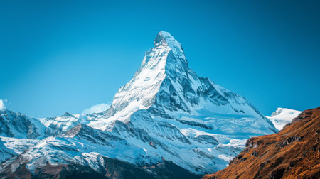 Snowy mountain peak in bright daylight, vast rugged terrain under clear blue skyの写真素材