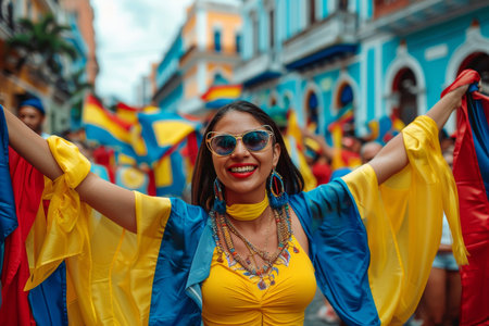 Sports fans in vibrant parade display team gear, dressed in colors, creating festive, communal atmosphereの素材