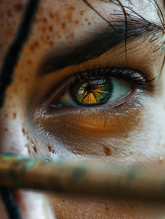In individual sports, an archer's intense focus on the target involves a close-up of eyes, bow, tension, and precisionの素材